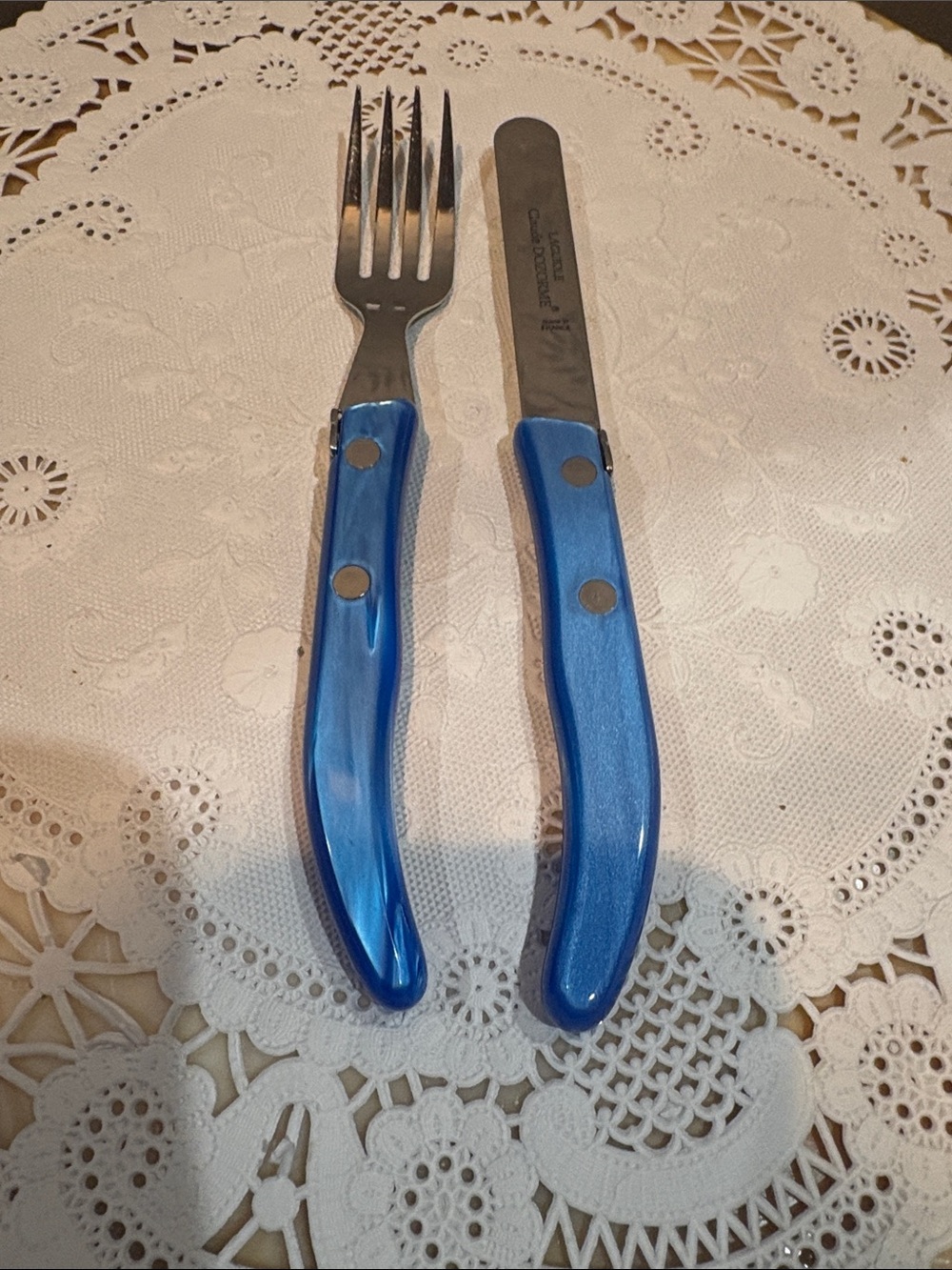 Laguiole Blue Pearl Handles & Stsinless Steel 3-Piece Spoon, Knife & Fork